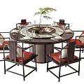 Round Chinese Style Dining Table Set With Red Cushioned Chairs And Turntable Plant Decoration
