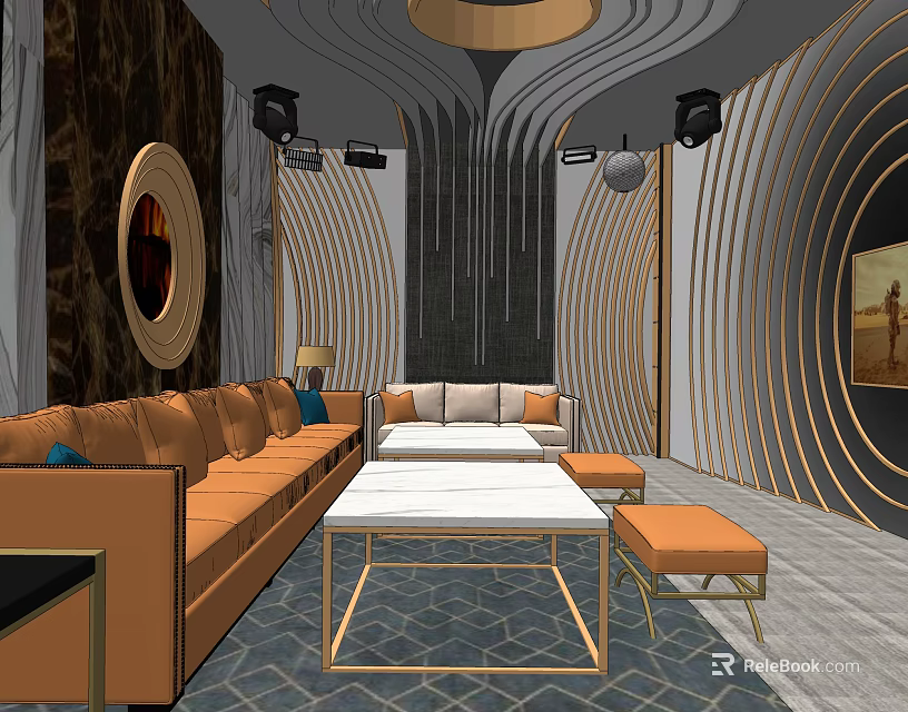 Modern KTV Lounge Interior Design With Luxury Sofa Golden Coffee Table And Curved Decorative Walls 3d model 