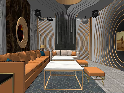 Modern KTV Lounge Interior Design With Luxury Sofa Golden Coffee Table And Curved Decorative Walls 3d model