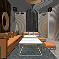 Modern KTV Lounge Interior Design With Luxury Sofa Golden Coffee Table And Curved Decorative Walls