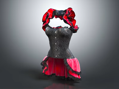 Elegant Black Bodice With Decorative Red Ruffles And Pink Frilled Skirt 3d model