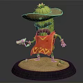 Anthropomorphic Cactus Character Wearing Sombrero With Flower Mustache Red Vest Holding Gun On Base