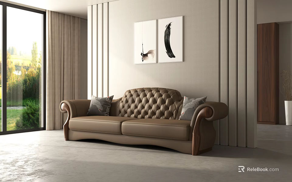 Brown Leather Three Seater Sofa With Tufted Back Curved Armrests And Modern Interior 3d model 