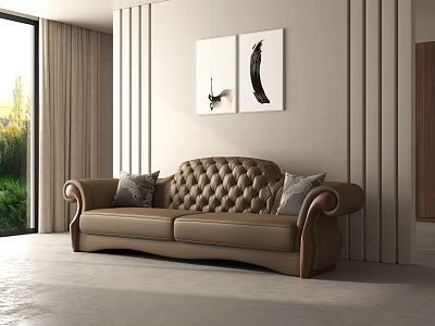 Brown Leather Three Seater Sofa With Tufted Back Curved Armrests And Modern Interior 3d model