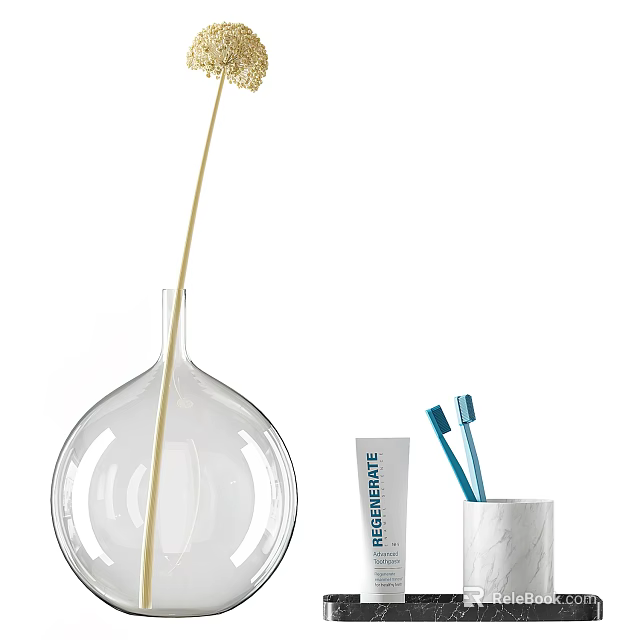 Modern Bathroom Accessories With Toothbrushes Toothpaste Cup And Glass Vase 3d model 