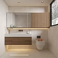 Modern Bathroom Interior With Glass Shower Enclosure White Sink Wooden Cabinet And Towel Rack