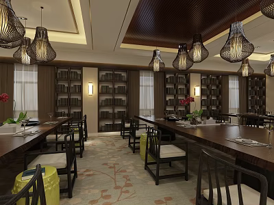 Elegant Chinese Style Clubhouse Interior With Woven Chandeliers Long Tables And Bookshelf Decorations 3d model