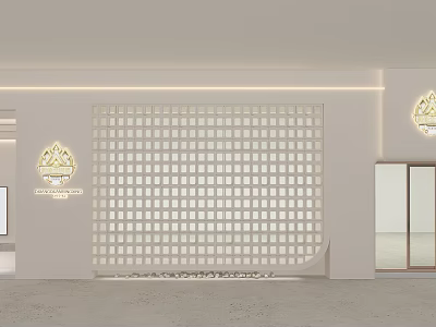 Minimalist White Grid Storefront Facade With Brand Logo And Warm Lighting Design 3d model