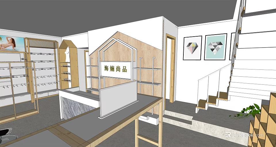 Modern Specialty Store Interior With Wooden Decor Display Shelves Counter And Wall Art 3d model 