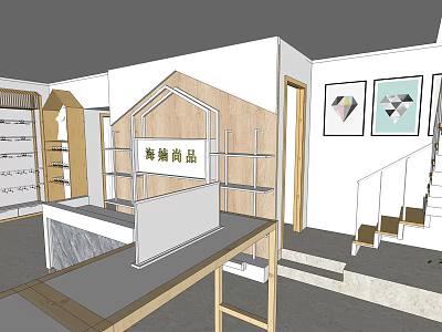 Modern Specialty Store Interior With Wooden Decor Display Shelves Counter And Wall Art 3d model