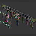 Water Construction Barge With Crane Near Bridge Structure And Concrete Pier Supports