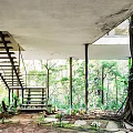 Modern Detached Villa With Glass Facade Surrounded by Lush Trees and Greenery