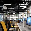 Modern Public Office Space Interior With Geometric Wall Workstations And Pendant Lights 3d model