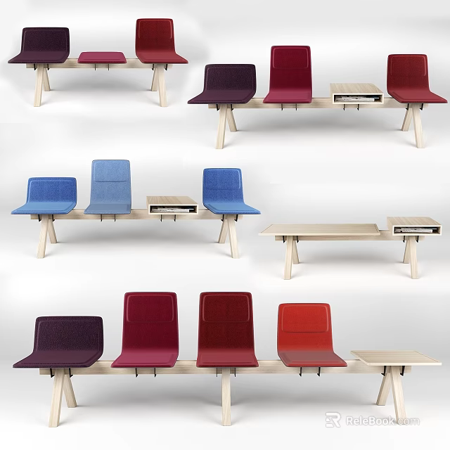 Colorful Public Chairs With Wooden Frames And Multiple Colored Seats 3d model 