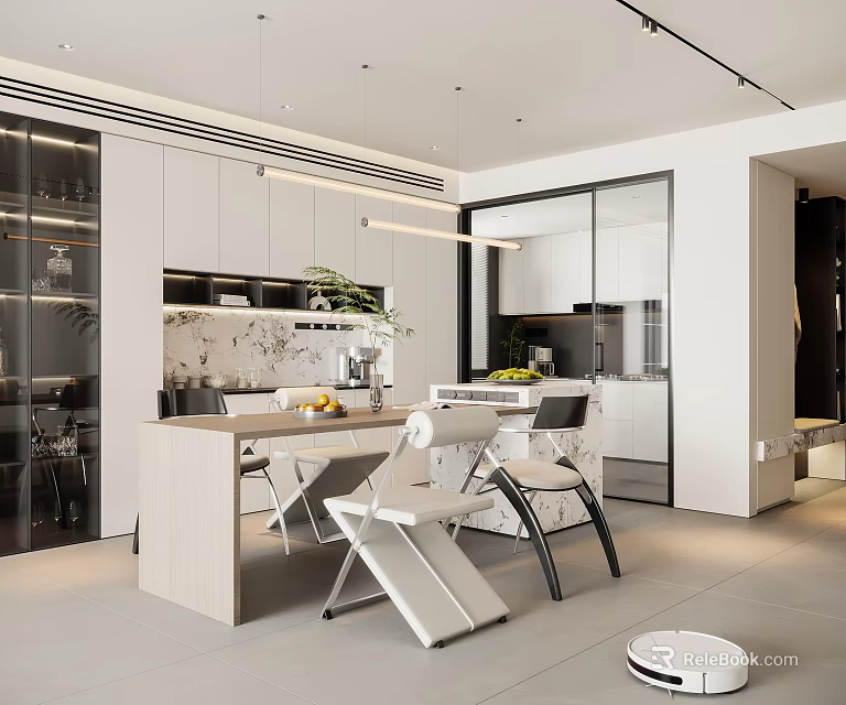 Modern Restaurant Interior Design With Dining Table Chairs Decorative Plants And Pendant Lights 3d model 