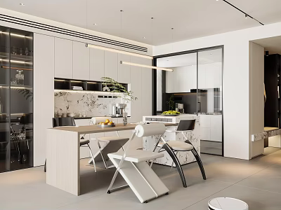 Modern Restaurant Interior Design With Dining Table Chairs Decorative Plants And Pendant Lights 3d model