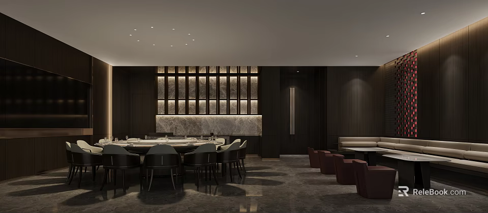 Elegant Modern Private Dining Room Interior With Round Table And Wooden Slat Wall 3d model 
