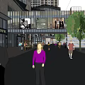 Modern Commercial Street with Modern Architecture Large Billboards Glass Facades Pedestrians and Rooftop Greenery