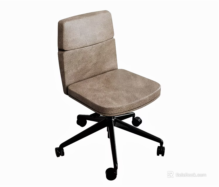 Beige Leather Office Chair with Padded Backrest Seat and Black Five Wheel Base 3d model 