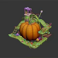 Whimsical Cottage Building With Purple Roof Giant Pumpkin Winding Vines And Ladder Path