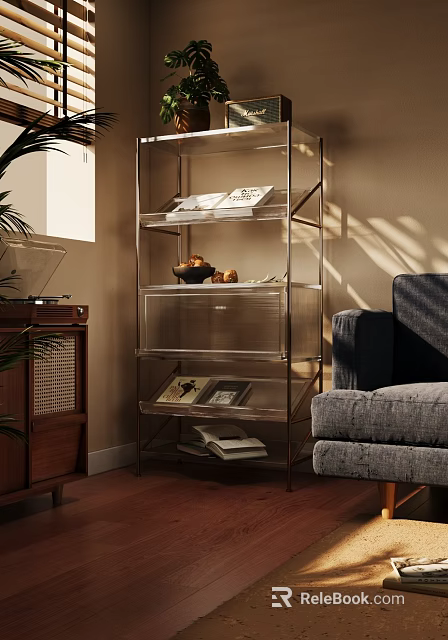Transparent Shelving Unit with Books and Fruit Bowl in Living Room with Sofa and Sunlight 3d model 