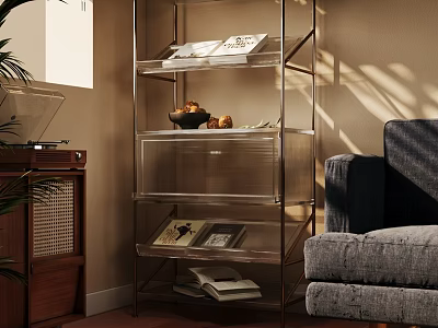 Transparent Shelving Unit with Books and Fruit Bowl in Living Room with Sofa and Sunlight 3d model