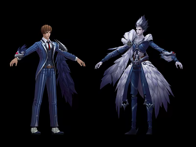 Two Characters And Creatures In Blue Striped Suits With Feather Decorations Brown And White Hair 3d model