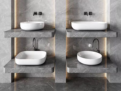 Modern Double Washbasin Design with Floating Marble Shelves And Illuminated Background Walls 3d model