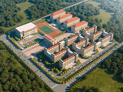 Multiple Red Brick School Buildings Surrounded By Green Lawns Trees And Sports Field On Campus 3d model