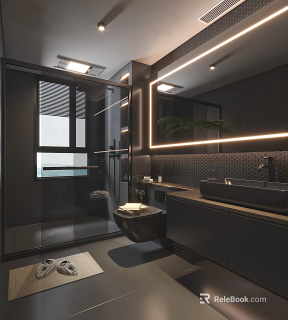 Modern Bathroom Interior With Glass Shower Round Basin Backlit Mirror And Storage Cabinets 3d model 