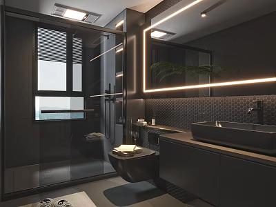 Modern Bathroom Interior With Glass Shower Round Basin Backlit Mirror And Storage Cabinets 3d model