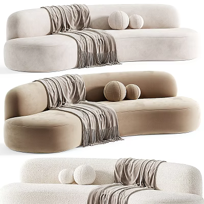 Modern Beige Sectional Sofa With Soft Upholstery Round Pillows And Throw Blanket 3d model