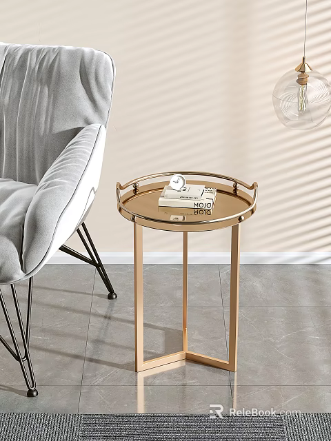 Golden Tray Top Side Table With Books Next To Gray Chair On Light Wall Gray Floor 3d model 