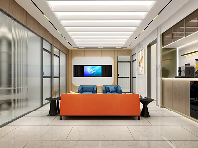 Modern Bank Lobby Interior With Orange Sofa Digital Display Glass Partitions And Marble Floor 3d model