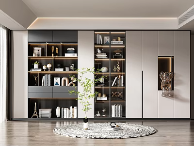 Elegant Modern Bookcase With Glass Doors Books Decorative Items Green Plant And Round Rug 3d model
