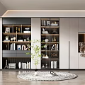 Elegant Modern Bookcase With Glass Doors Books Decorative Items Green Plant And Round Rug
