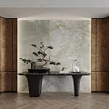 Modern Luxury Entryway Console Table With Bonsai Plant Gold Accents And Marble Backdrop