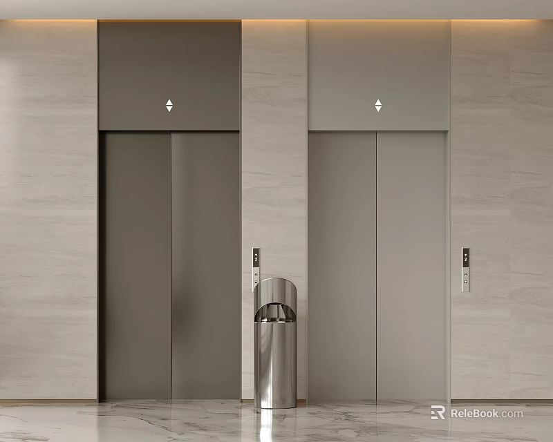 Modern Elevator Hall With Two Elevators And Stainless Trash Bin 3d model 