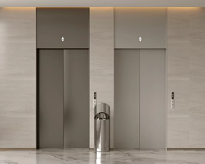 Modern Elevator Hall With Two Elevators And Stainless Trash Bin 3d model