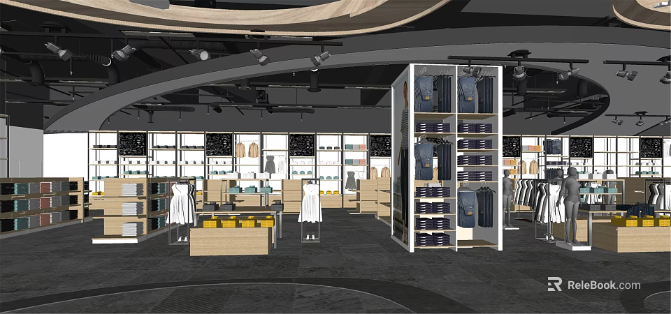 Stylish Clothing Store Interior With Hanging Clothes Display Racks And Shelves 3d model 