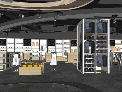 Stylish Clothing Store Interior With Hanging Clothes Display Racks And Shelves 3d model