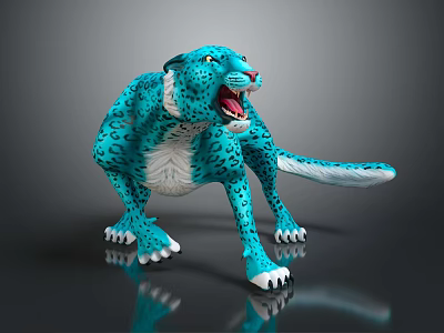 Turquoise Leopard with Black Spots and Open Mouth Standing on Shiny Surface 3d model