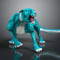 Turquoise Leopard with Black Spots and Open Mouth Standing on Shiny Surface