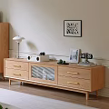 Modern Wooden TV Stand With Drawers Glass Door Table Lamp Radio And Photo Frame