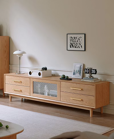 Modern Wooden TV Stand With Drawers Glass Door Table Lamp Radio And Photo Frame 3d model