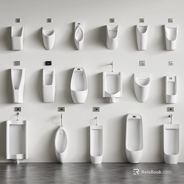 Display Of Various Wall Mounted White Urinals With Different Modern Design Styles 3d model 