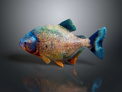 Colorful Piranha Fish With Vibrant Blue Head Green Body And Orange Fins 3d model