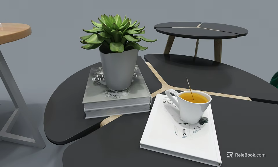 Black Coffee Table With Wooden Legs Geometric Lines Succulent Plant Books And White Tea Cup 3d model 