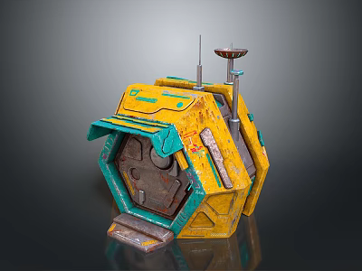 Futuristic Sci Fi Landscape Featuring Yellow Green Hexagonal Structure With Antenna And Mechanical Parts 3d model