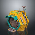 Futuristic Sci Fi Landscape Featuring Yellow Green Hexagonal Structure With Antenna And Mechanical Parts